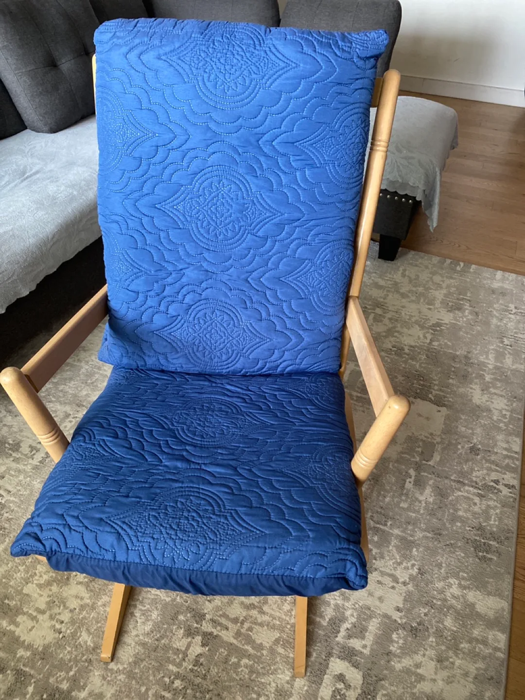 Wooden Rocking Chair with Blue Cushions thumbnail