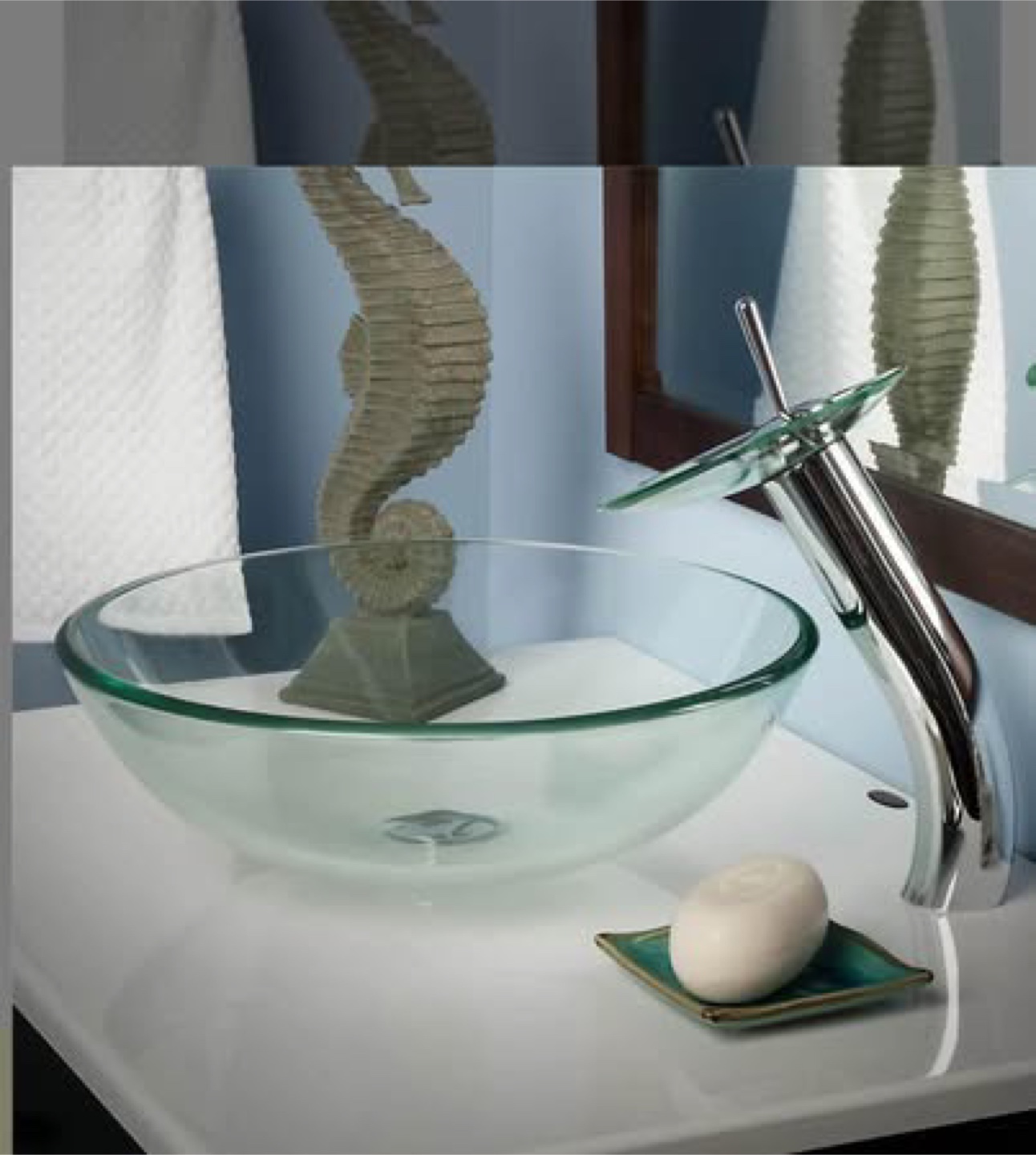 Glass Vessel Sink with Chrome Waterfall Faucet