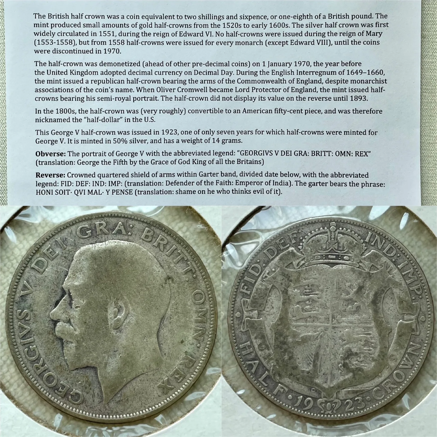 1923 SILVER UNITED KINGDOM HALF CROWN IN WITH INFO SHEETLET image indicator(2)