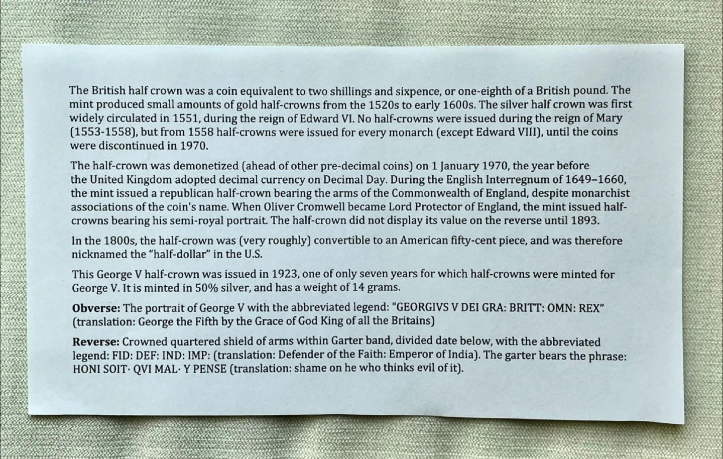 1923 SILVER UNITED KINGDOM HALF CROWN IN WITH INFO SHEETLET image indicator(5)