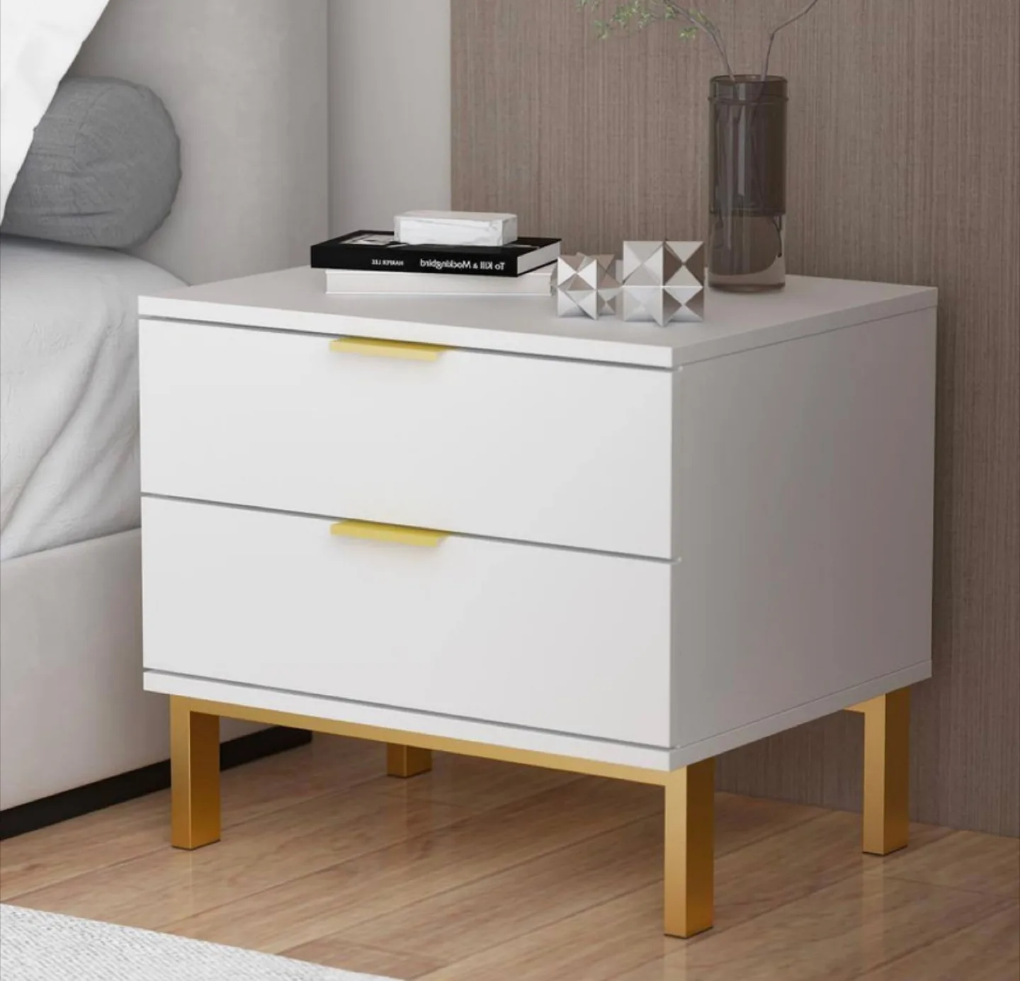2 DRAWER WHITE AND GOLD WOODEN NIGHTSTAND thumbnail