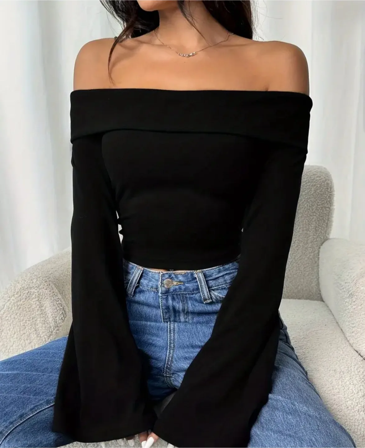 Stretchy Warm Off-Shoulder Long Sleeve T-Shirt for Women thumbnail