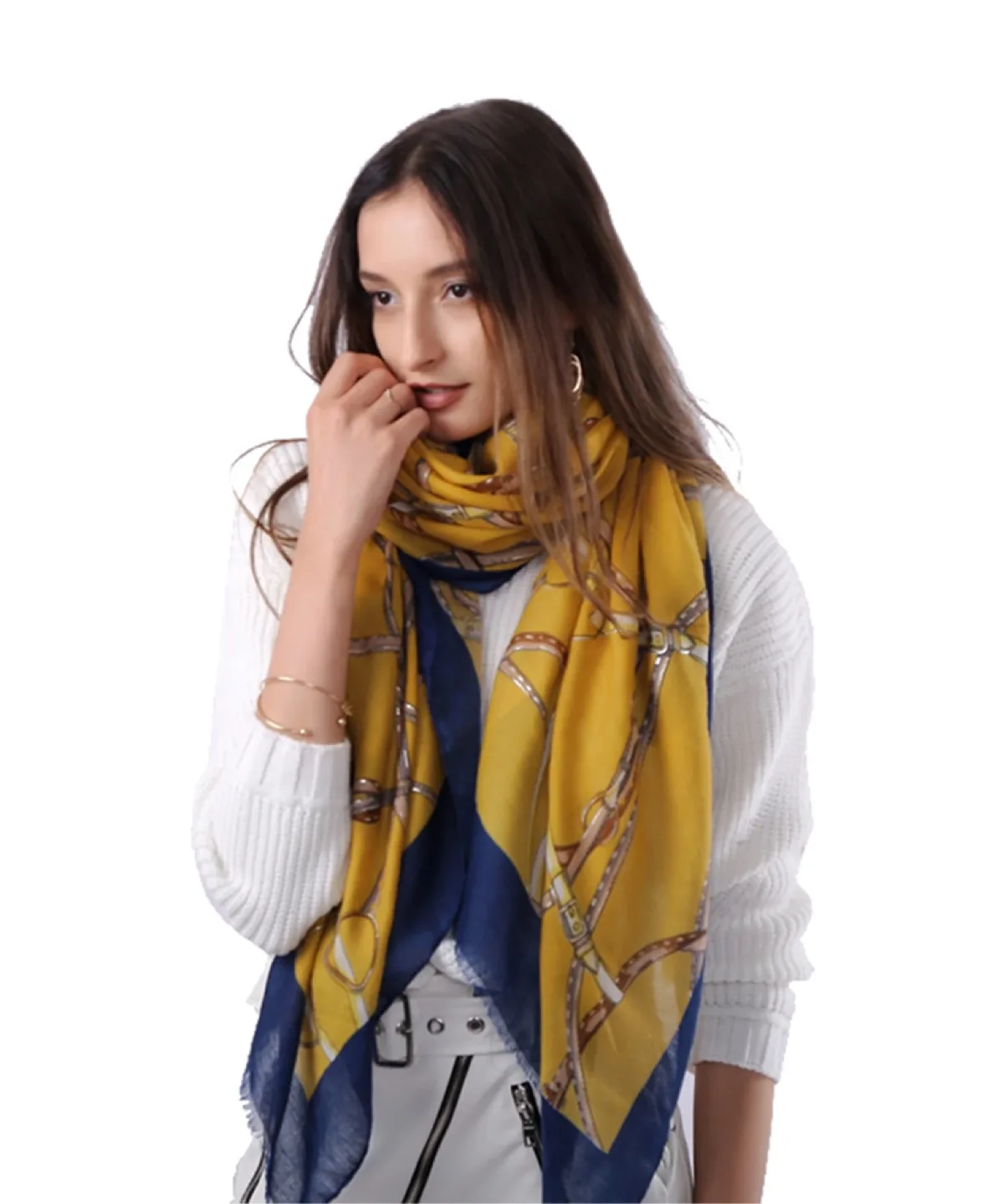 Yellow and Dark Blue Printed Scarf image indicator(2)