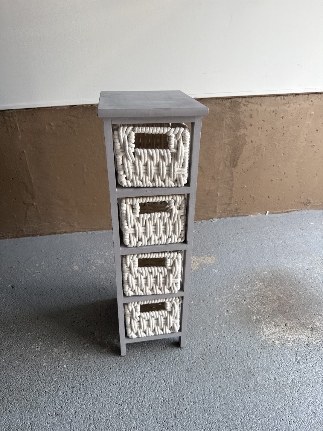 Grey Cabinet with Woven Baskets