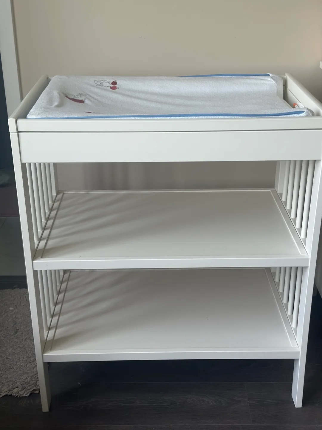 White Change Table with Shelves + changing pad thumbnail