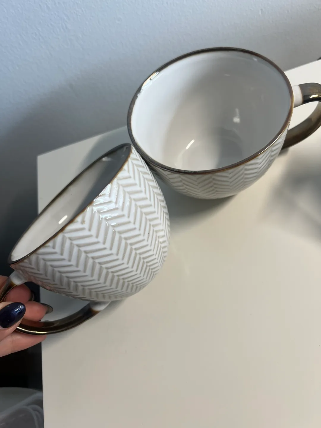 Set of Two Large White Cups with Gold Trim thumbnail