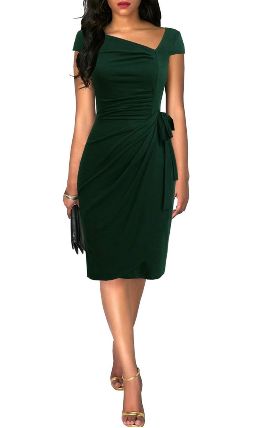 NEW! Liyinxi XL Retro Cap Sleeve Ruched Forest Green Wrap Dress - photo 3