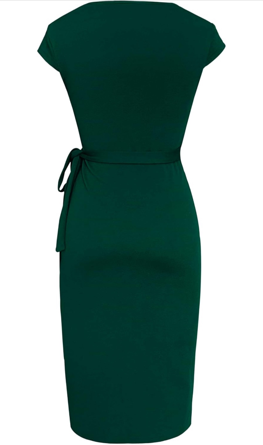 NEW! Liyinxi XL Retro Cap Sleeve Ruched Forest Green Wrap Dress - photo 5