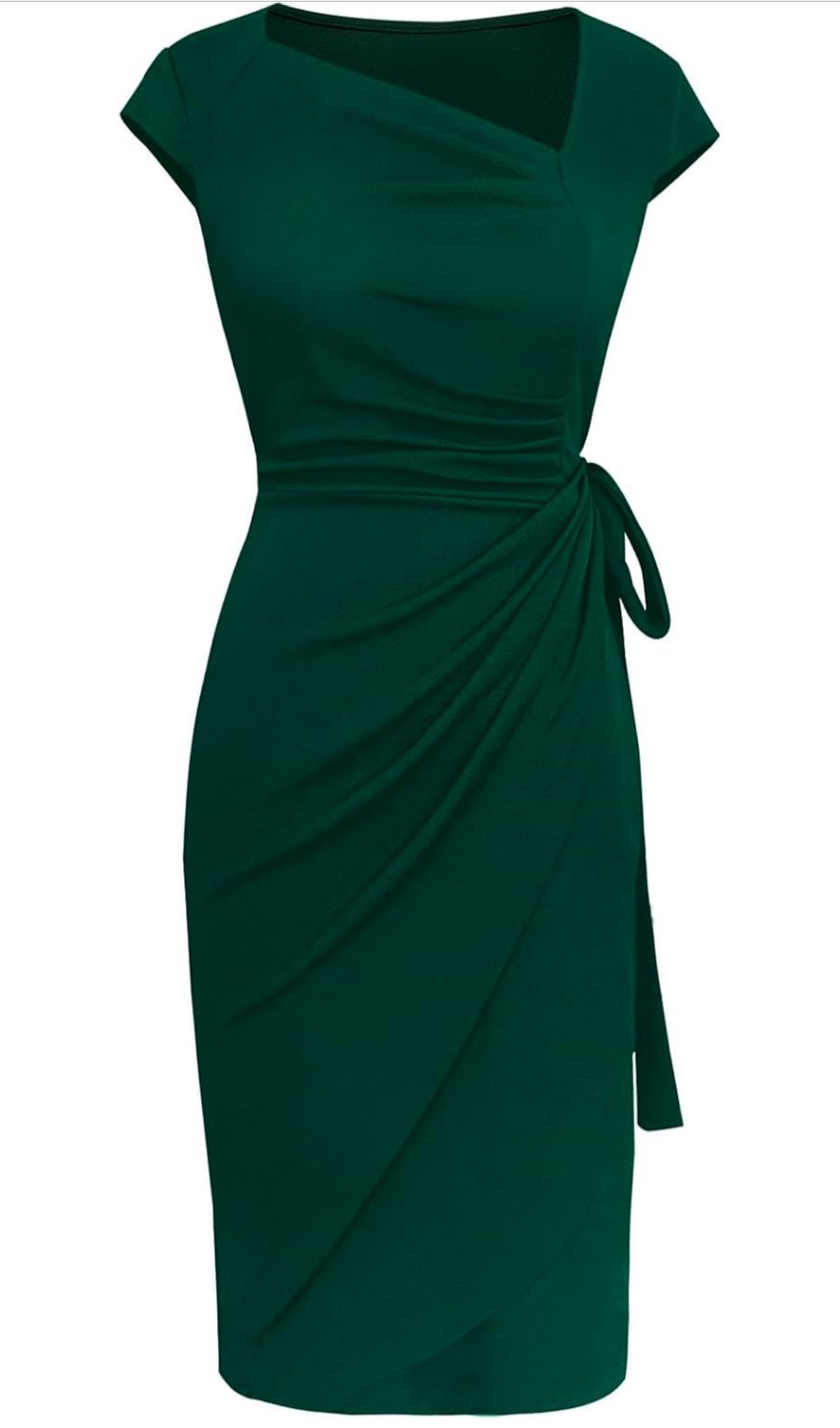 NEW! Liyinxi XL Retro Cap Sleeve Ruched Forest Green Wrap Dress - photo 4