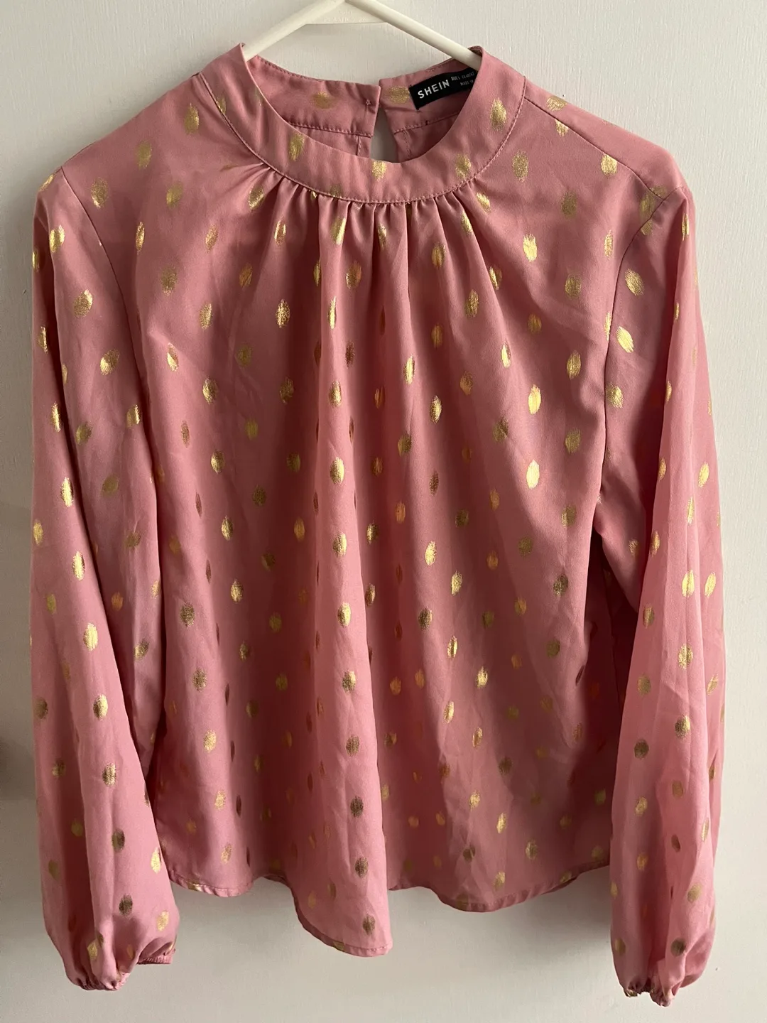 Shein Pink Blouse with Gold Dots thumbnail