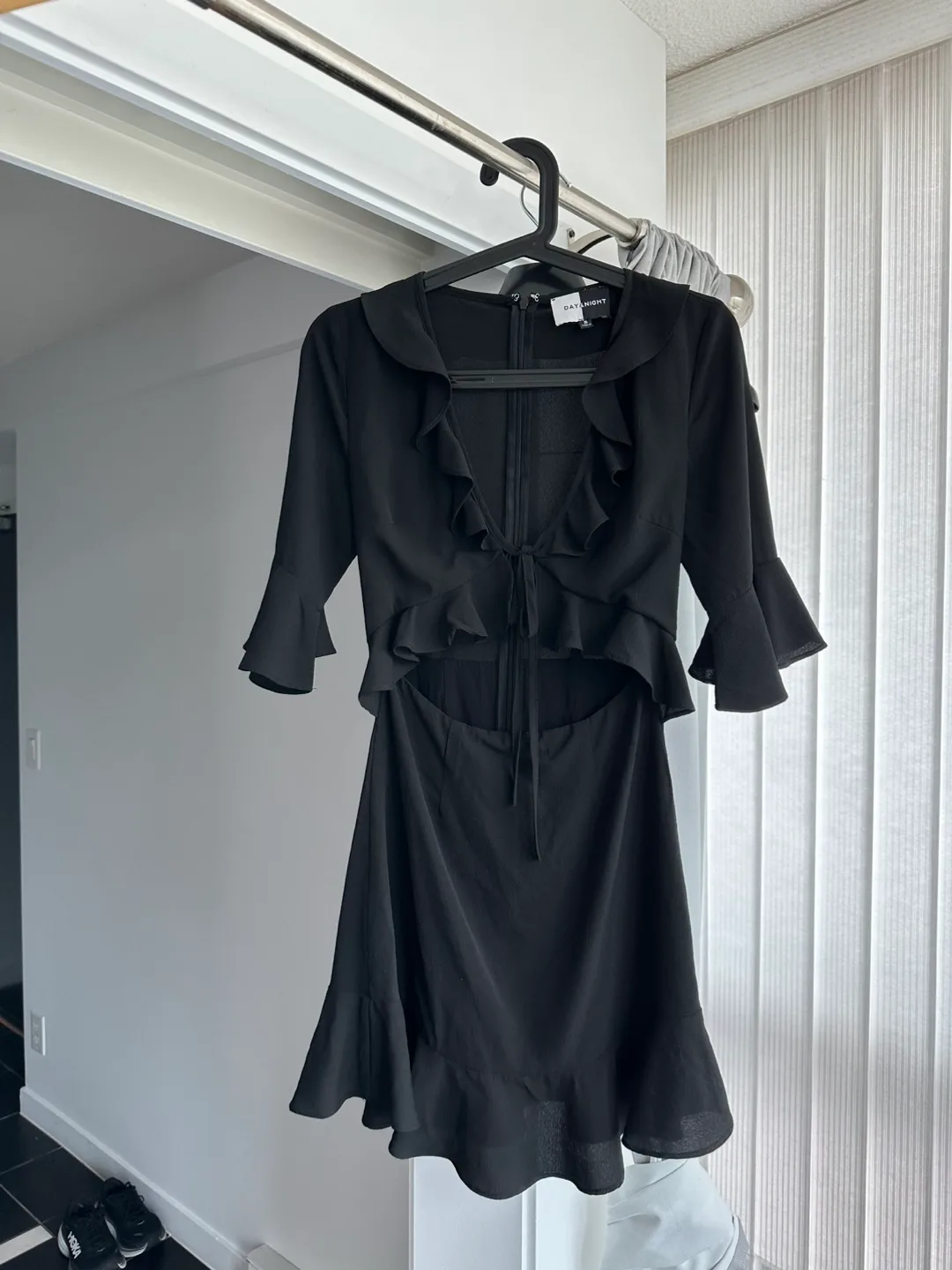 Black Ruffled cut out mini dress small thumbnail