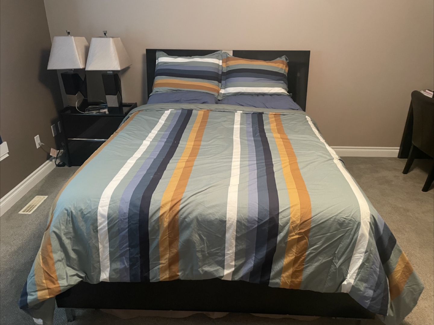 Queen Bed Frame, Mattress, Nightstand, and Lamps