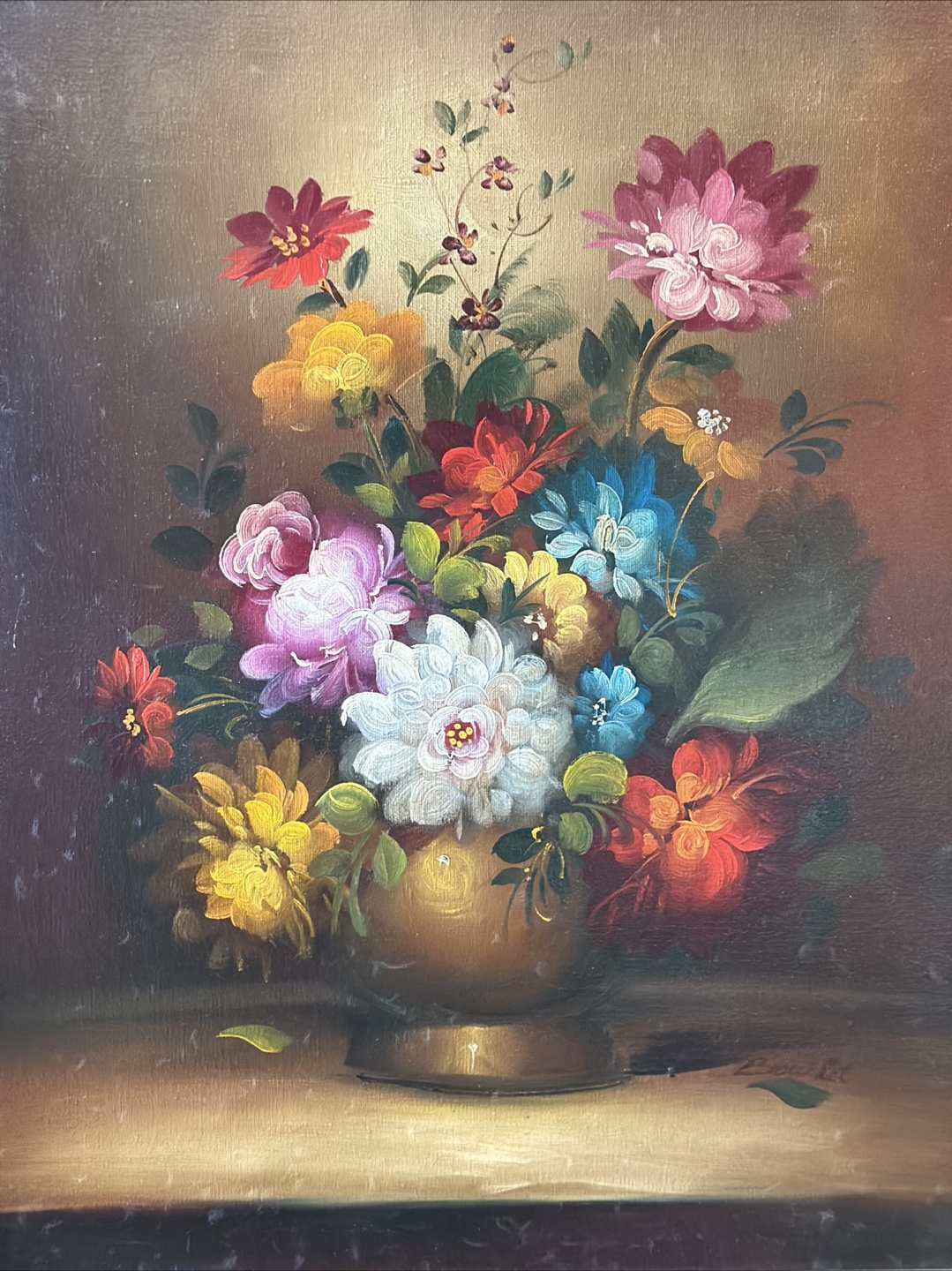 Vintage Floral Painting with Ornate Gold Frame - photo 2