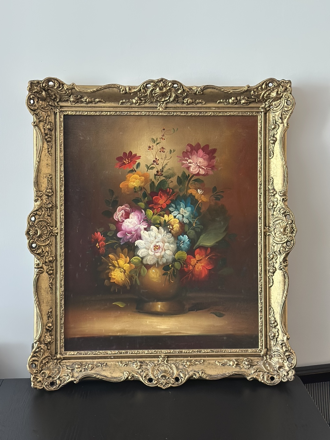 Vintage Floral Painting with Ornate Gold Frame