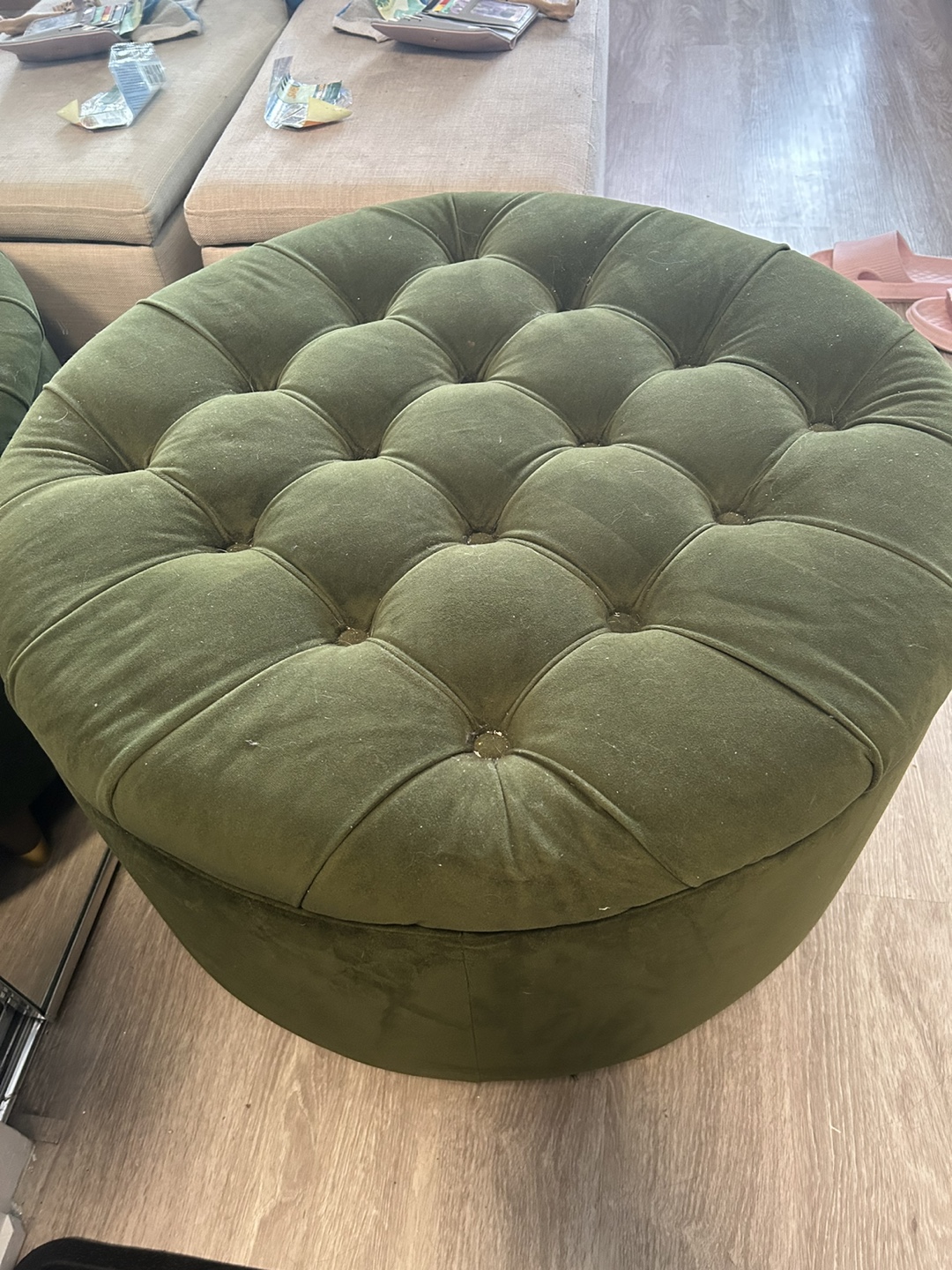 Luxury Jade Green Ottoman – Custom Dark Wood & Gold Accent Legs