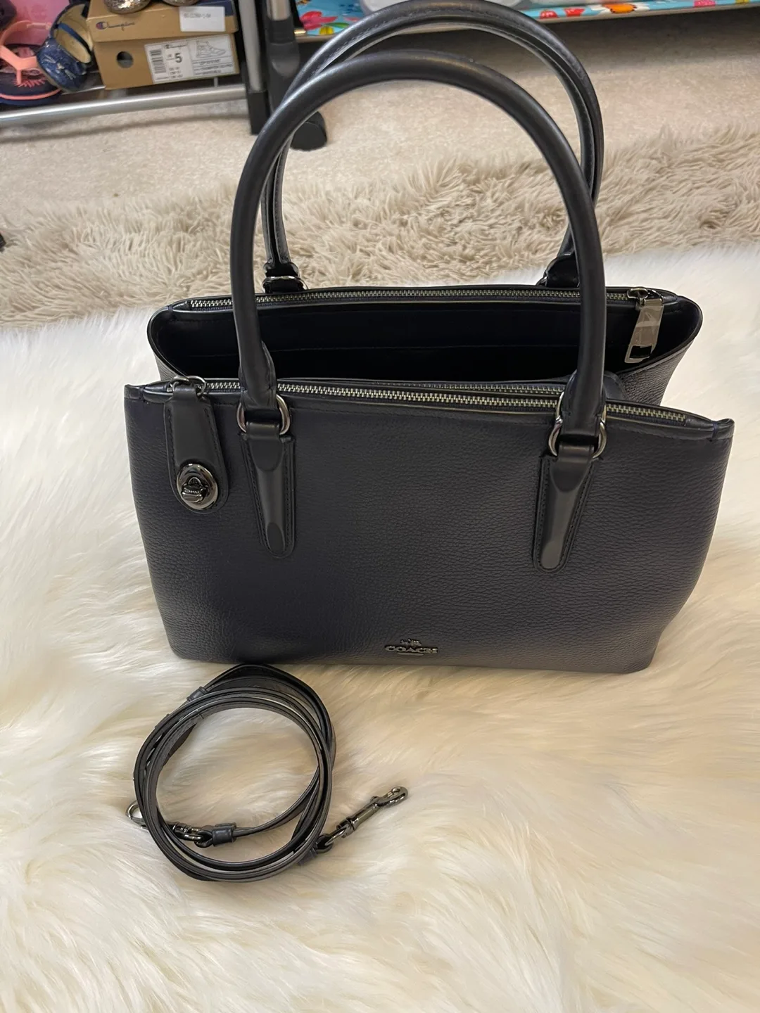 COACH BROOKLYN 34 CARRYALL HANDBAG Navy Blue Pebbled Leather image indicator(3)