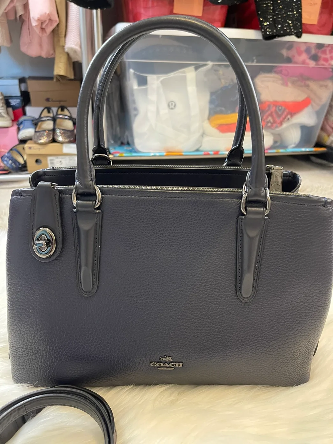 COACH BROOKLYN 34 CARRYALL HANDBAG Navy Blue Pebbled Leather image indicator(4)