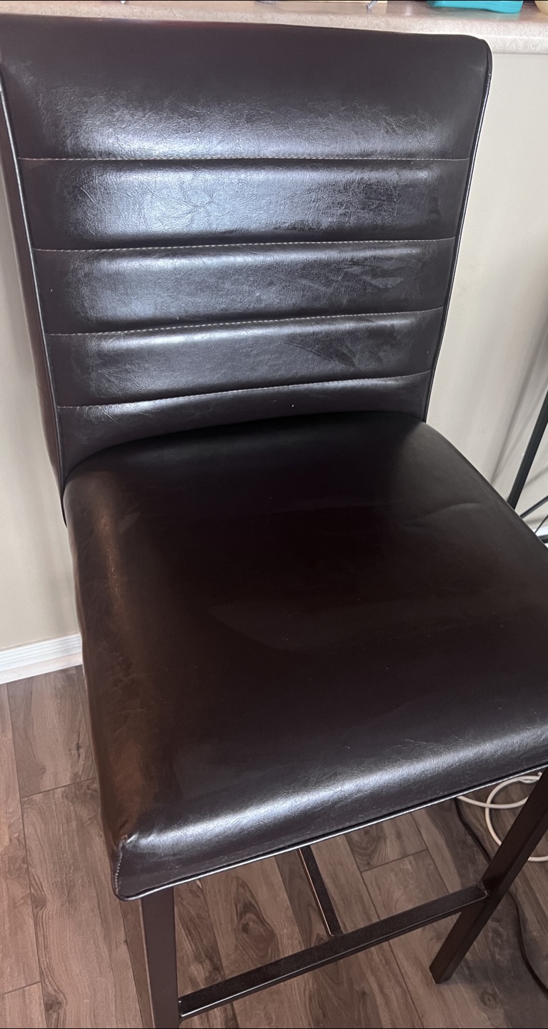 2 ($40 each)  Dark Brown leather Bar Stools metal legs