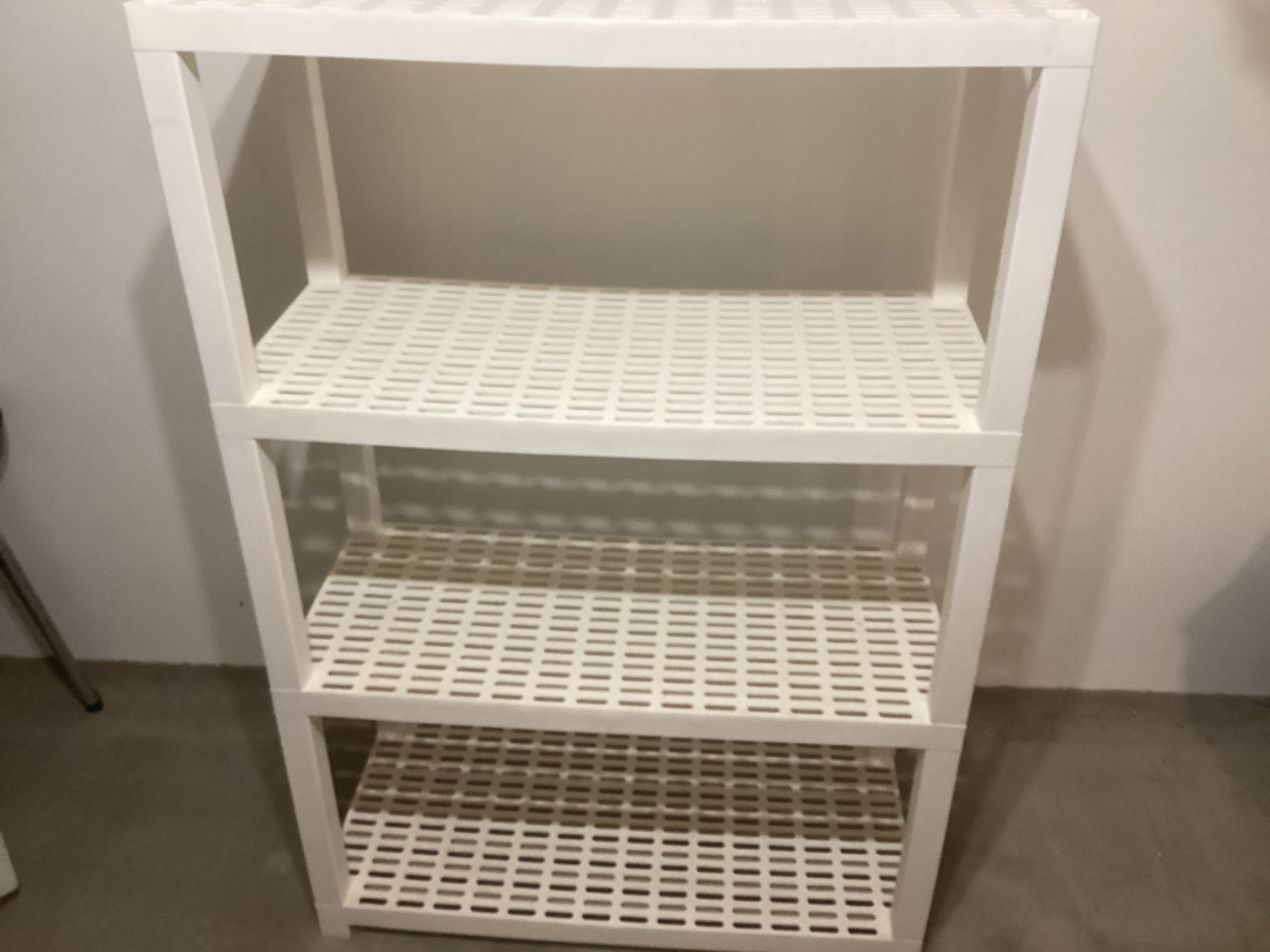 4 tier hard plastic shelving unit 3’ wide 54” tall 16” deep