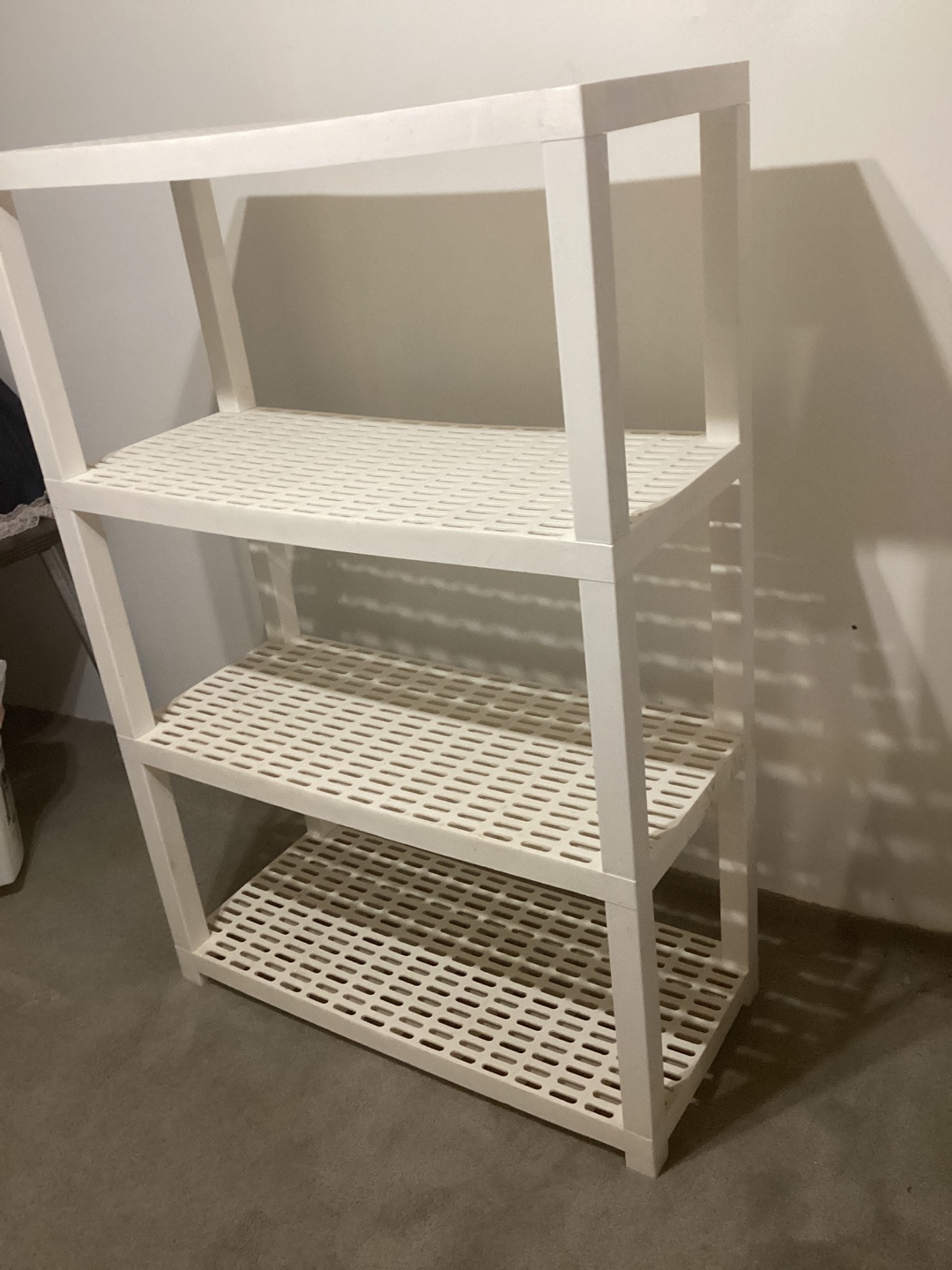 4 tier hard plastic shelving unit 3’ wide 54” tall 16” deep - photo 2