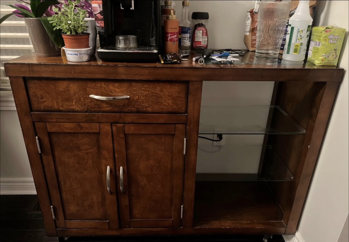 Wooden Cabinet with Glass Shelves