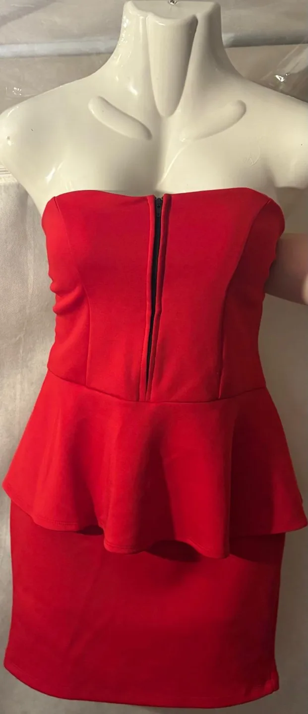 Red Strapless Dress with Peplum thumbnail
