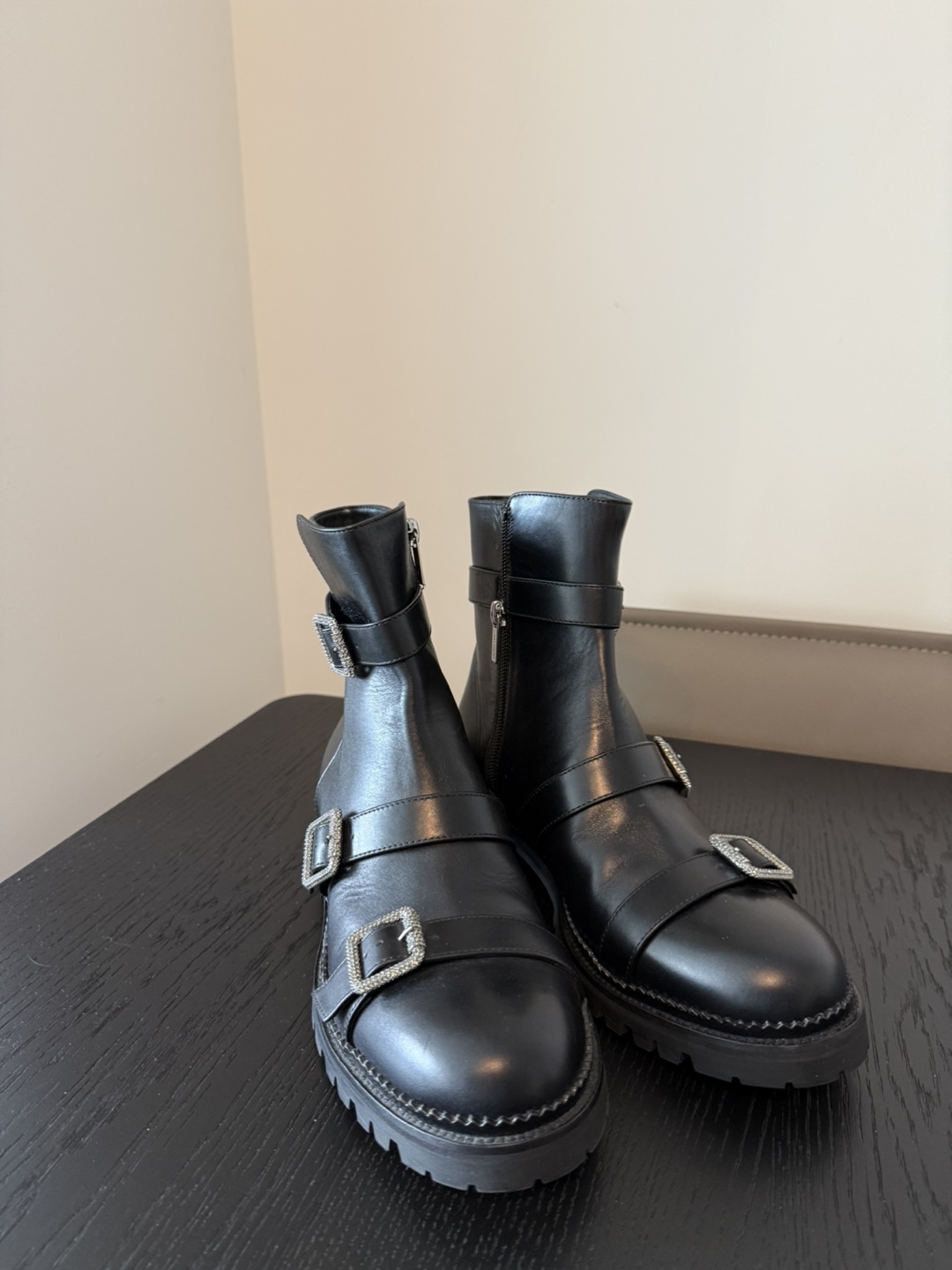 JIMMY CHOO  Calfskin Crystal Buckle Hank Boots