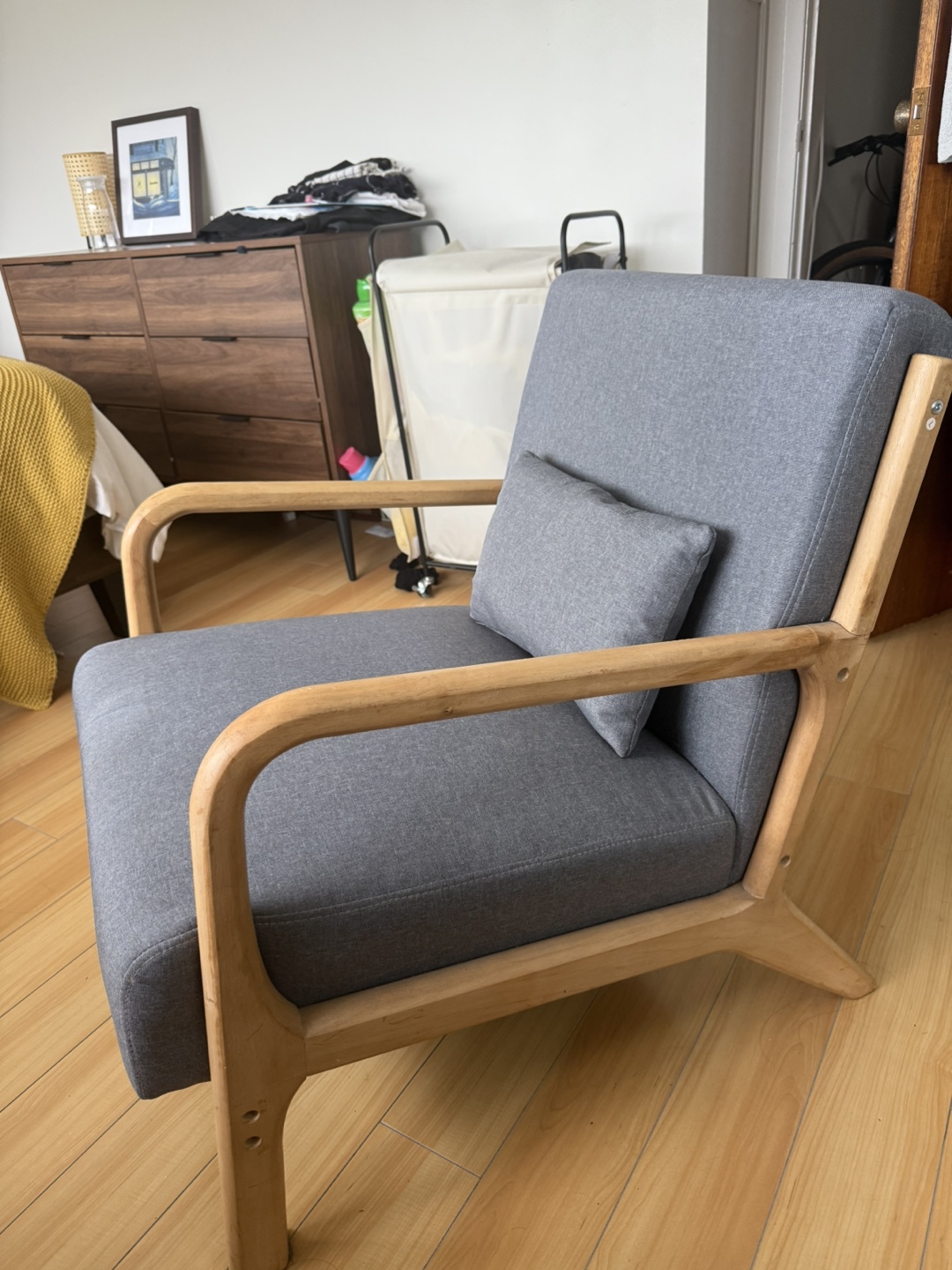 Grey Armchair with Wood Frame