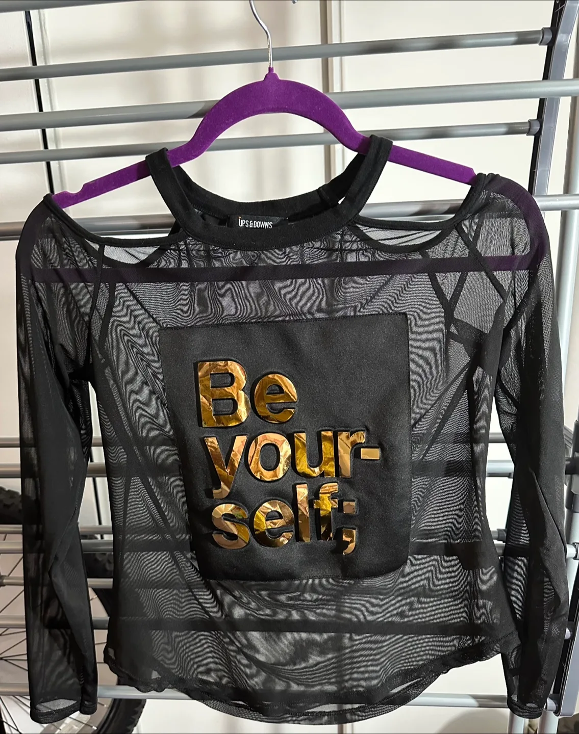 Mesh Long-Sleeved Top with 'Be Yourself' Graphic thumbnail