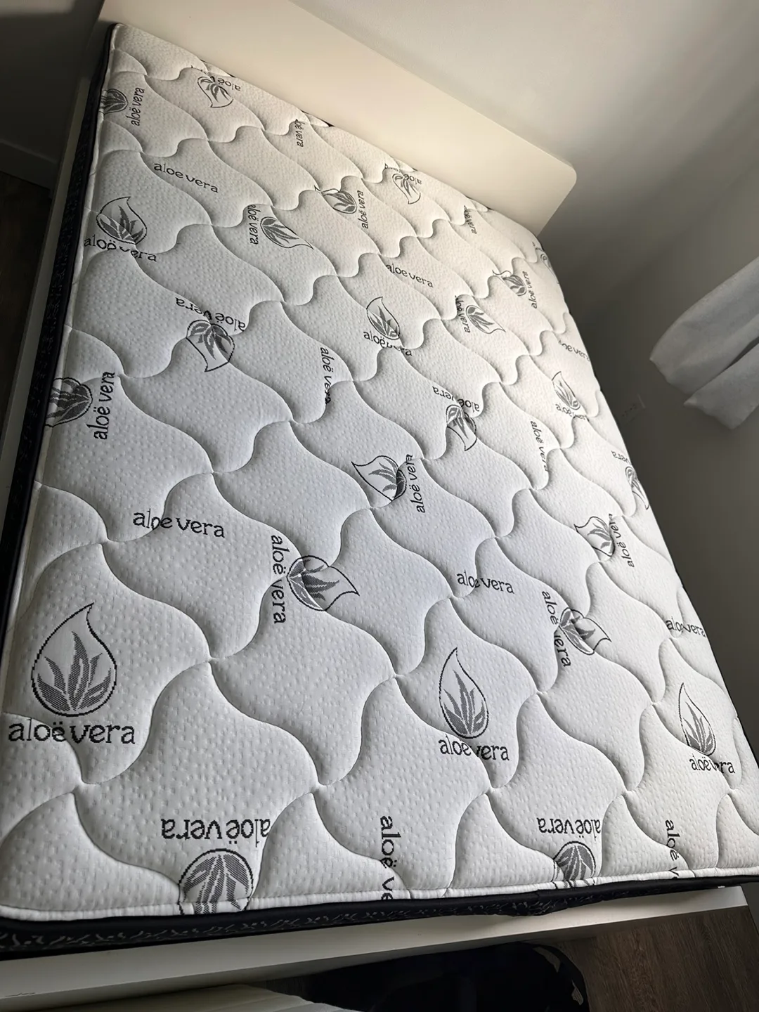 “MOVING” Double wooden bed frame & aloe vera mattress. thumbnail