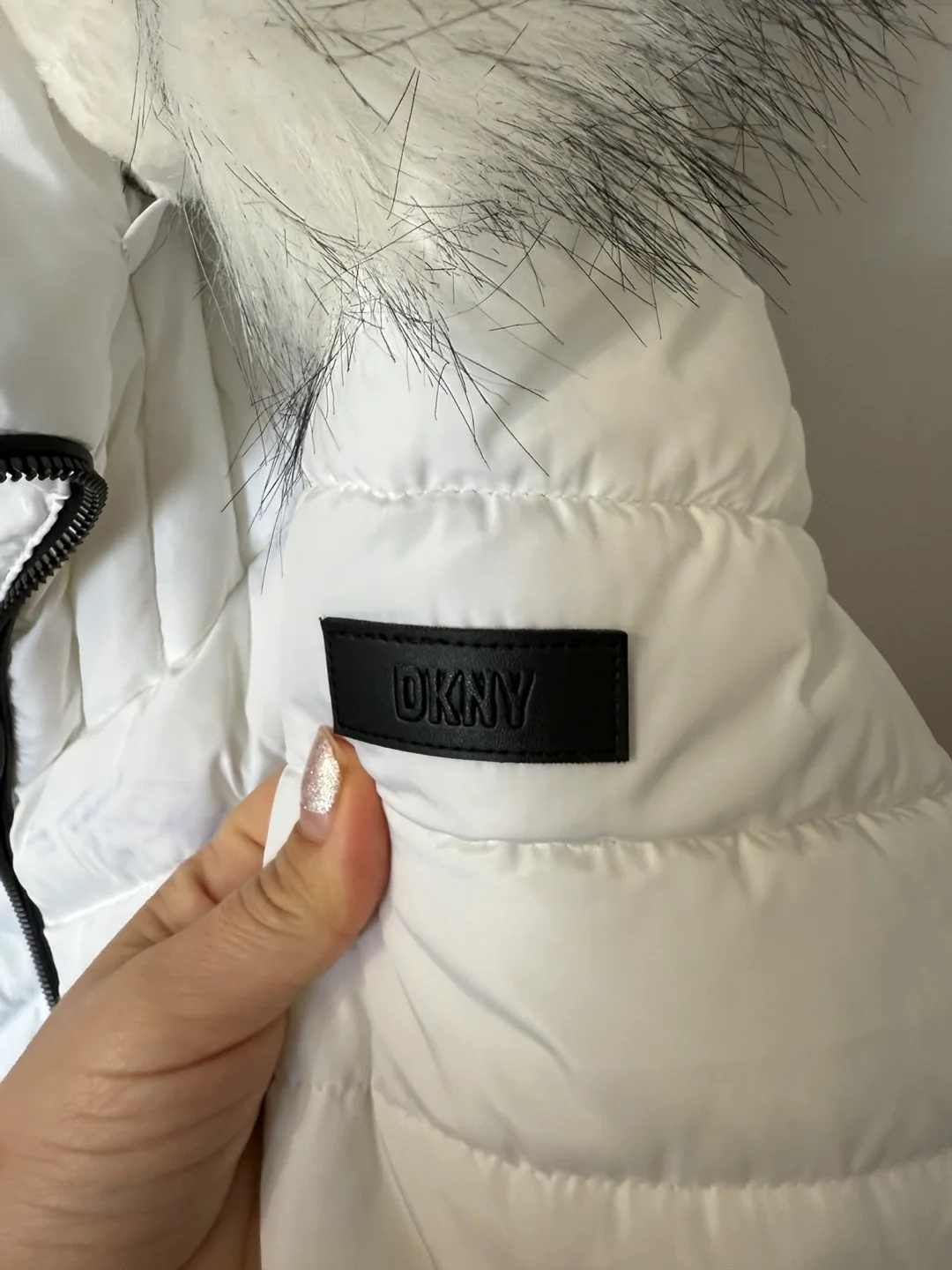 DKNY White Winter Coat with Fur Hood image indicator(4)