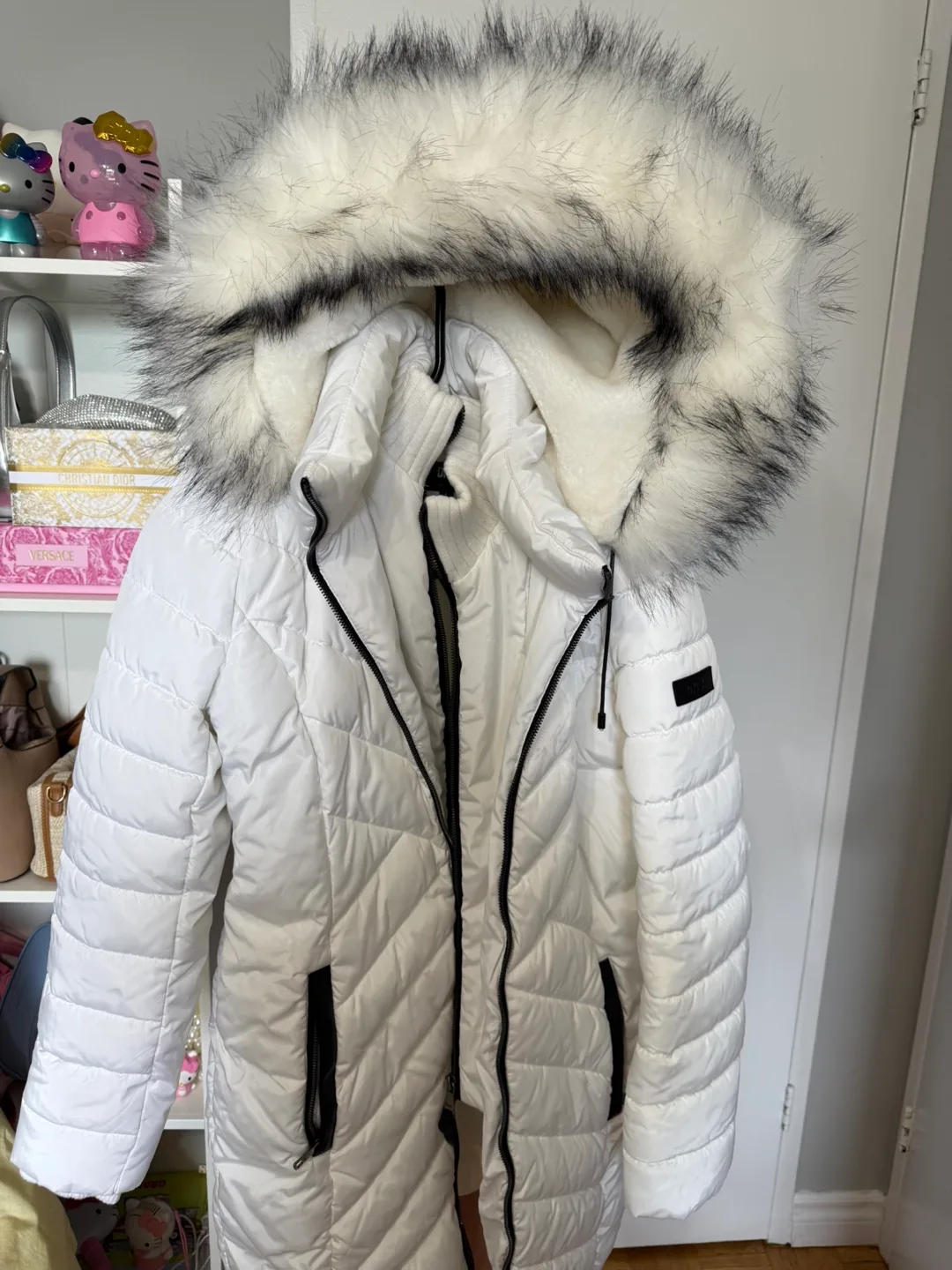 DKNY White Winter Coat with Fur Hood image indicator(2)