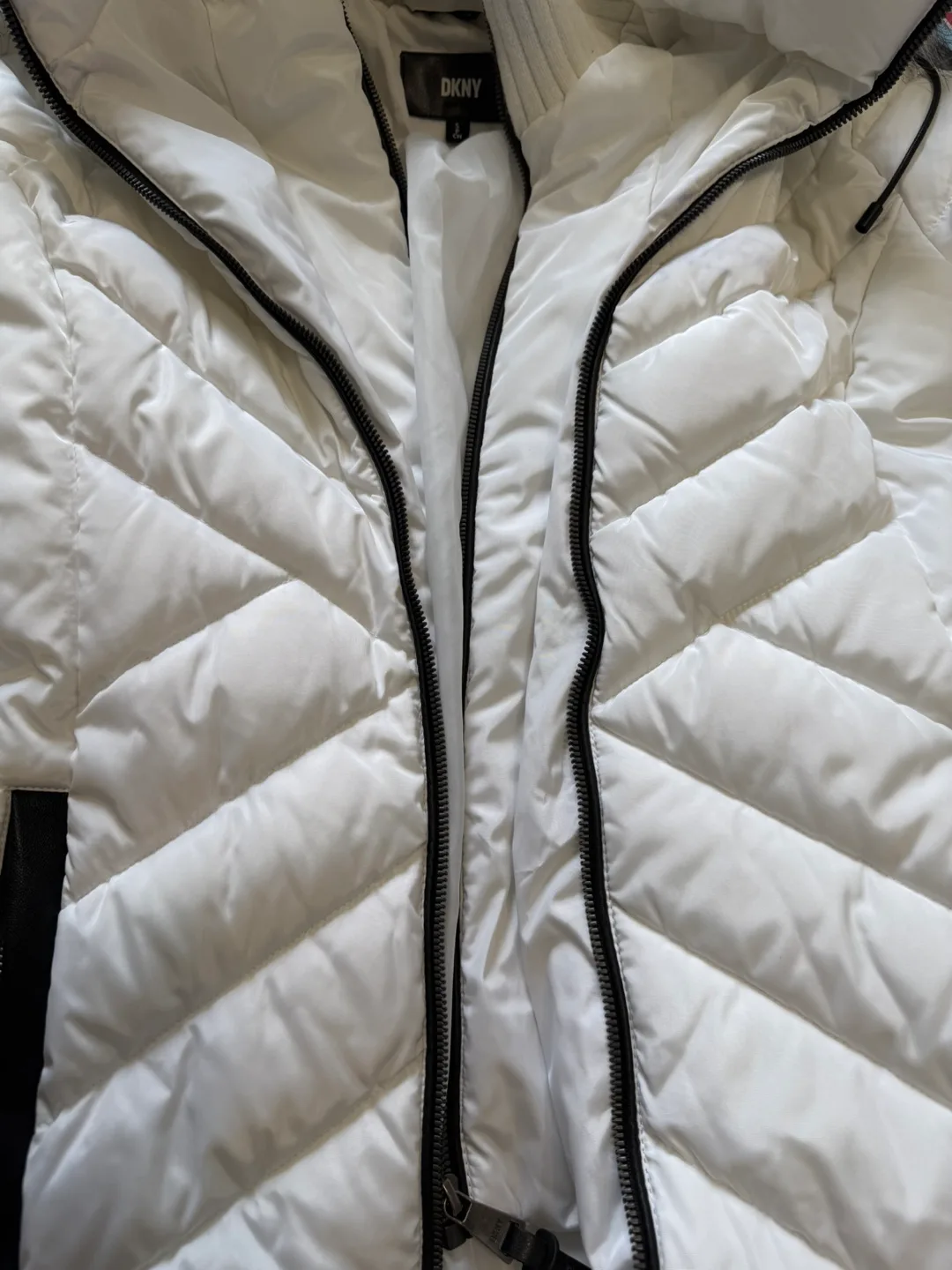DKNY White Winter Coat with Fur Hood image indicator(6)