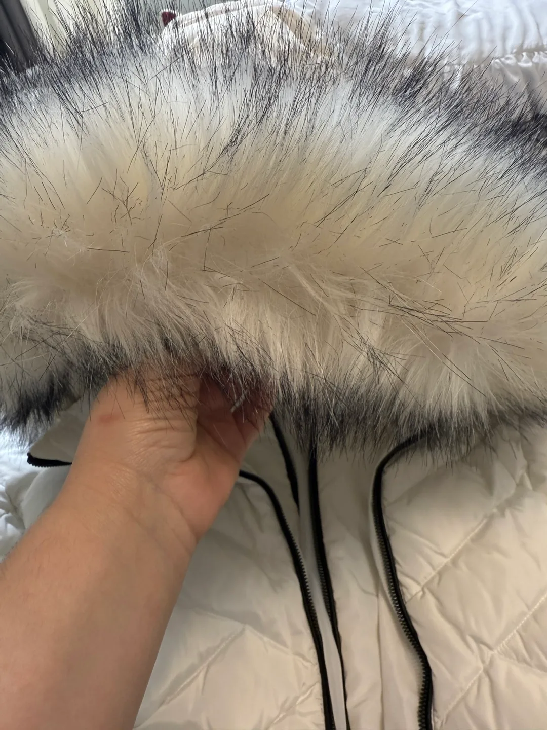 DKNY White Winter Coat with Fur Hood image indicator(8)