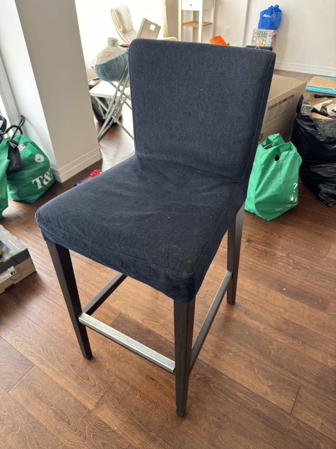 Dark blue Wood Bar Stool with Fabric Seat