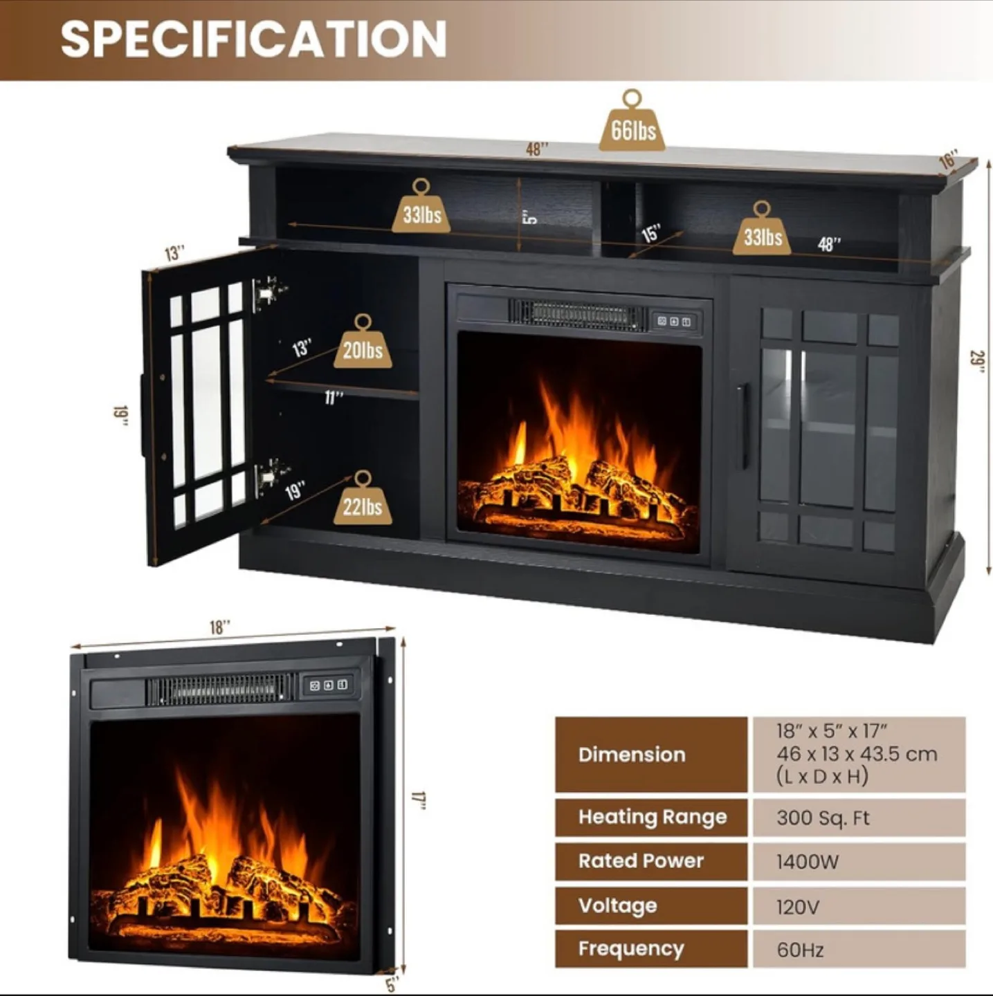 MODERN 48INCH ELECTRIC FIREPLACE TV STAND thumbnail