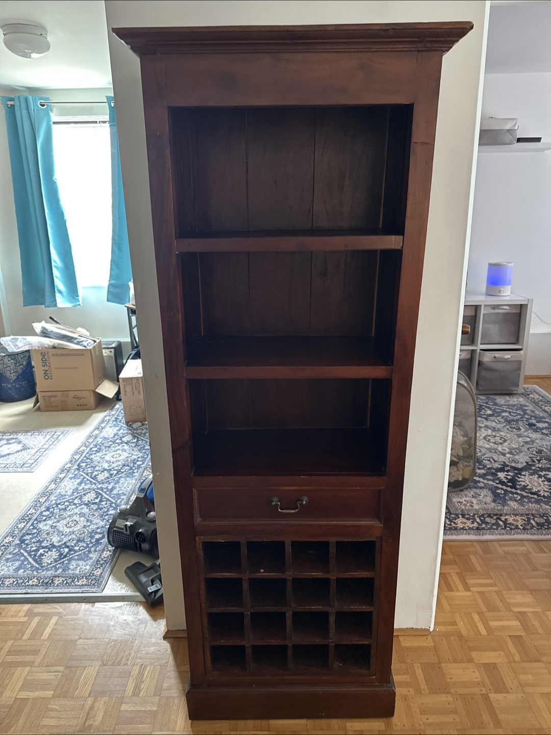 Rustic Wooden Bookshelf with Wine Rack