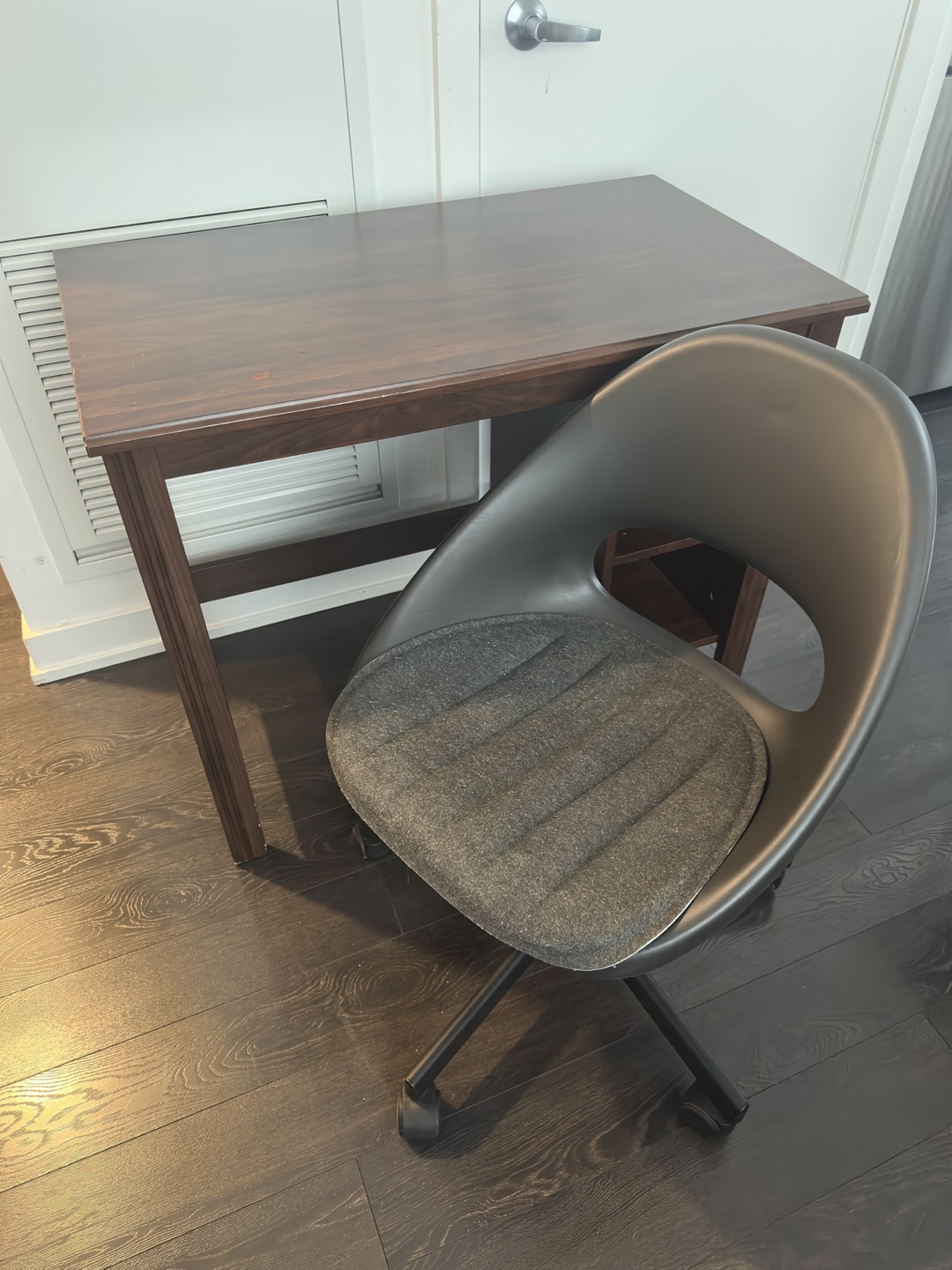 Dark Brown Desk With Shelves and office chair