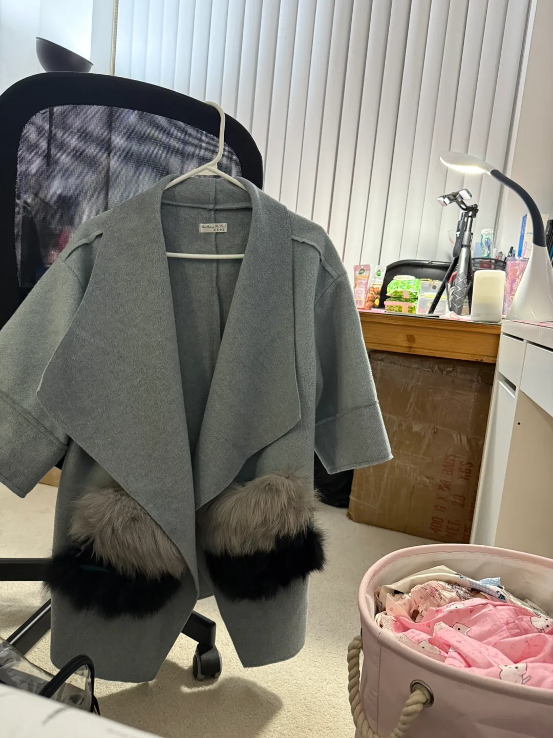 Grey Wool Coat with Fur Accents thumbnail