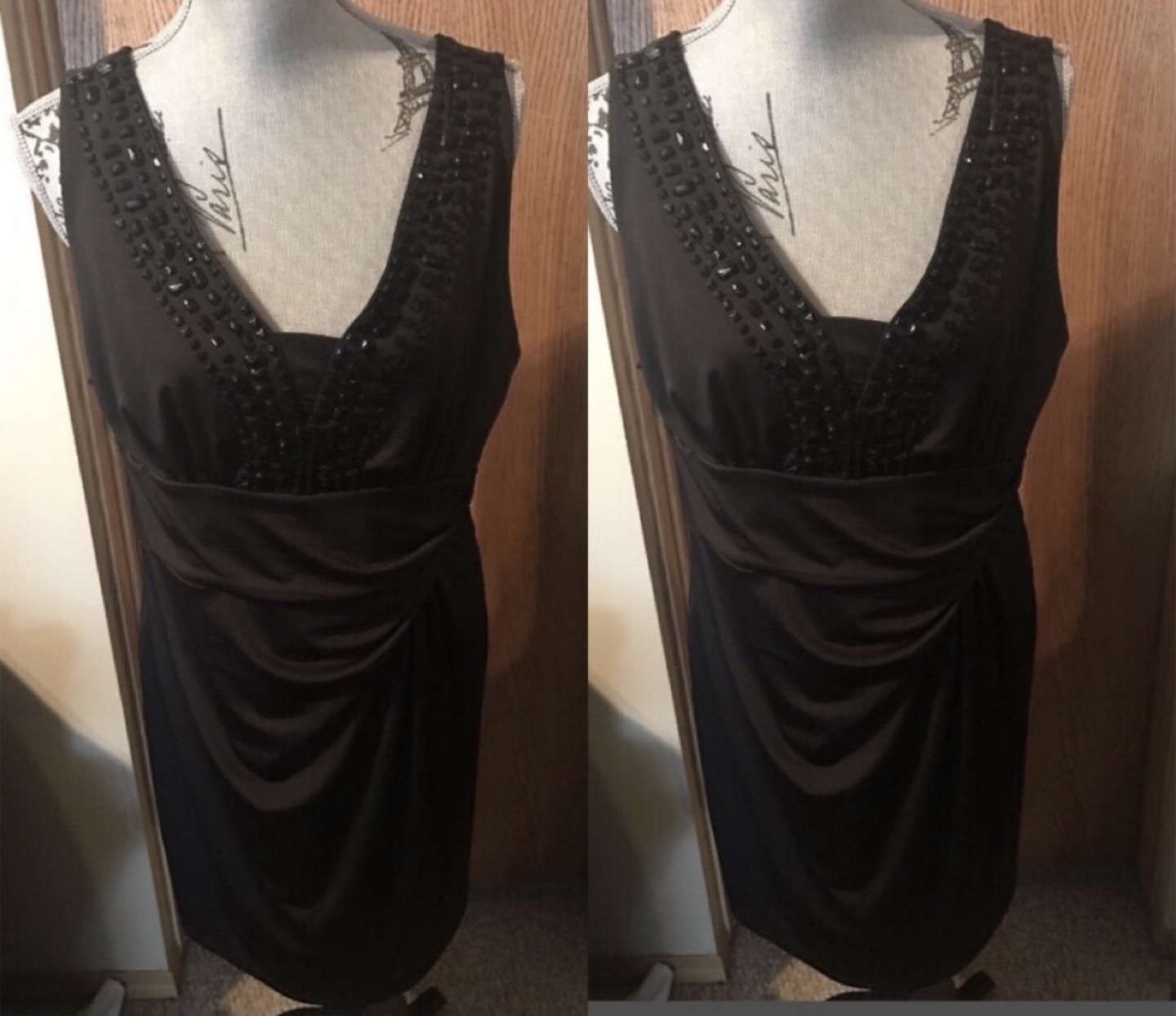 black sleeveless dress With beads around neck line