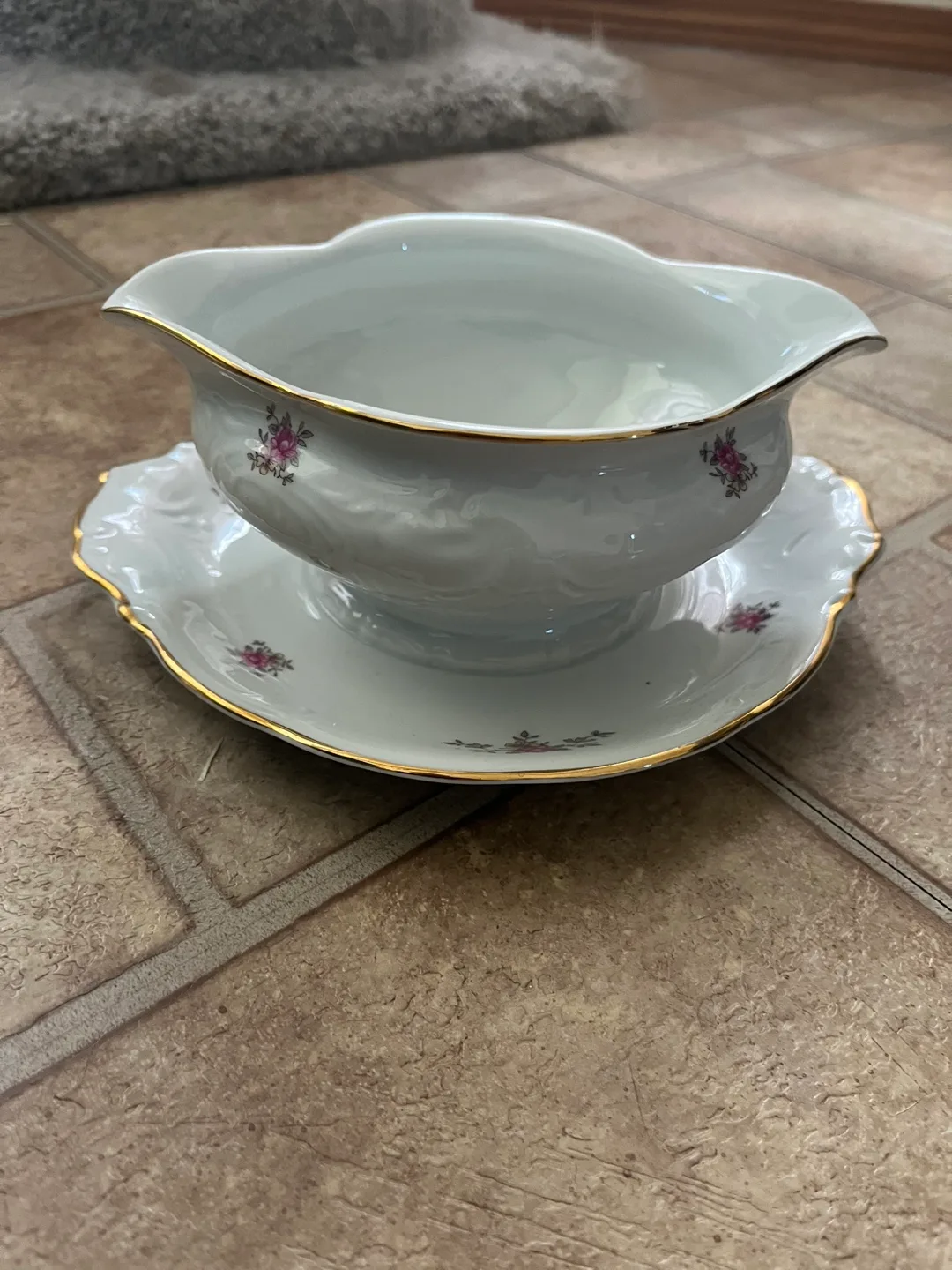 Vintage Porcelain Gravy Boat with Saucer thumbnail