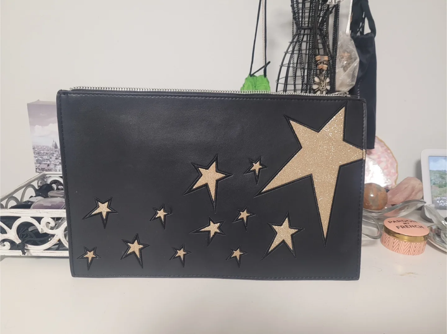 Black clutch with gold stars thumbnail