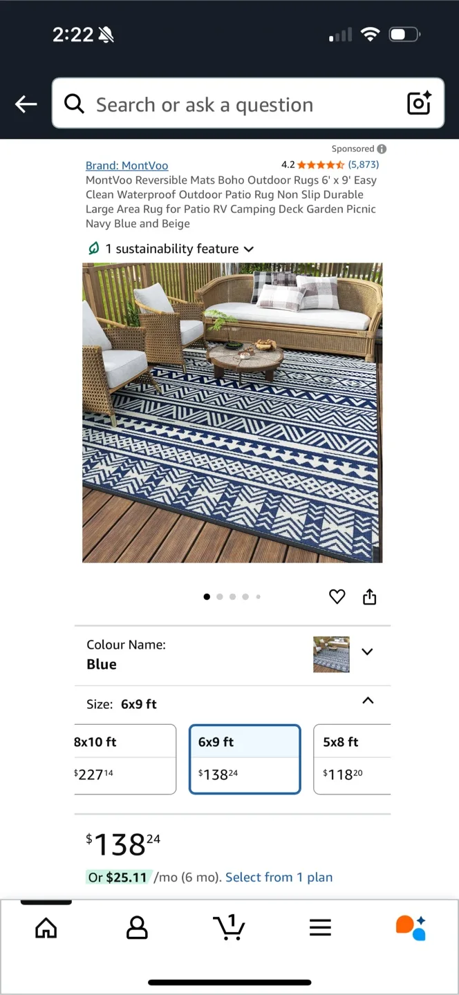 New MontVoo Blue Outdoor Rug 6x9 ft thumbnail