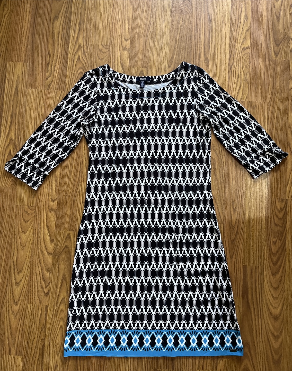 Hatley women’s small Lucy dress, navy white teal geometric print