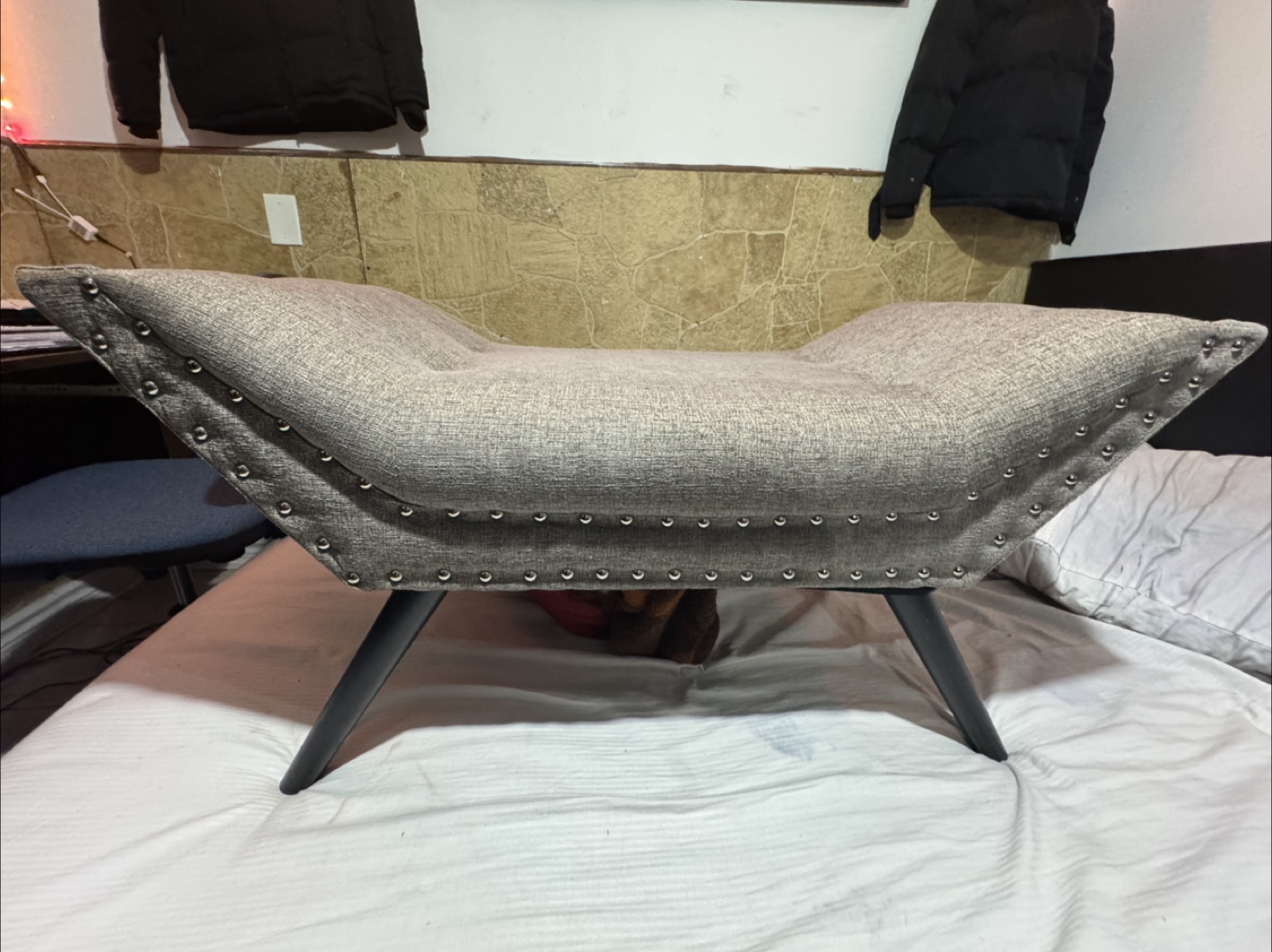 Grey Fabric Bench with Studded Detailing