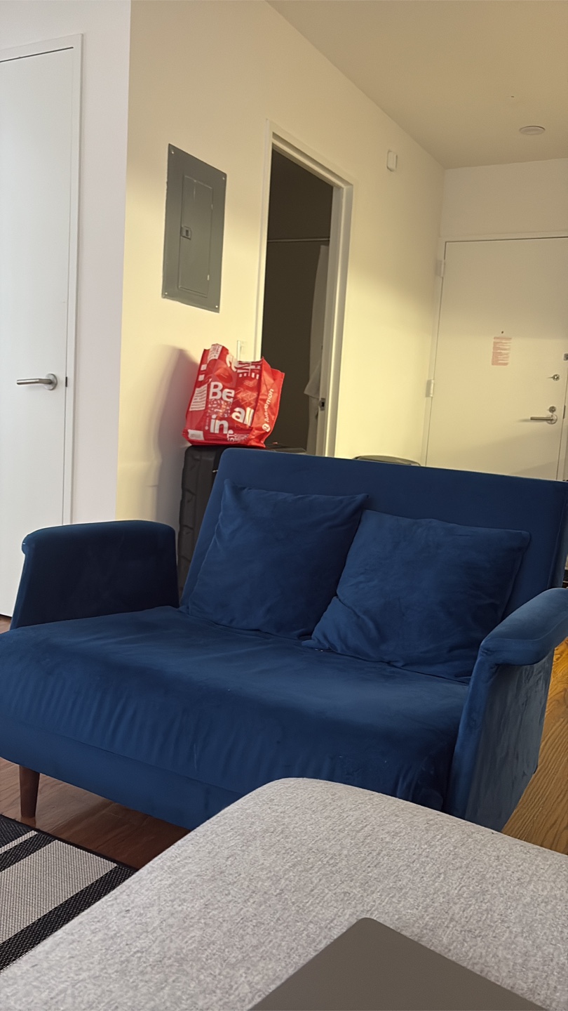 Velvet Blue Couch with Pillows