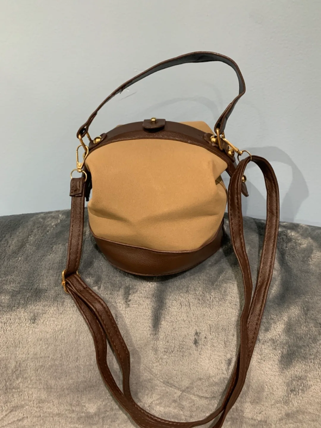 Beige and Brown Crossbody Bucket Bag thumbnail