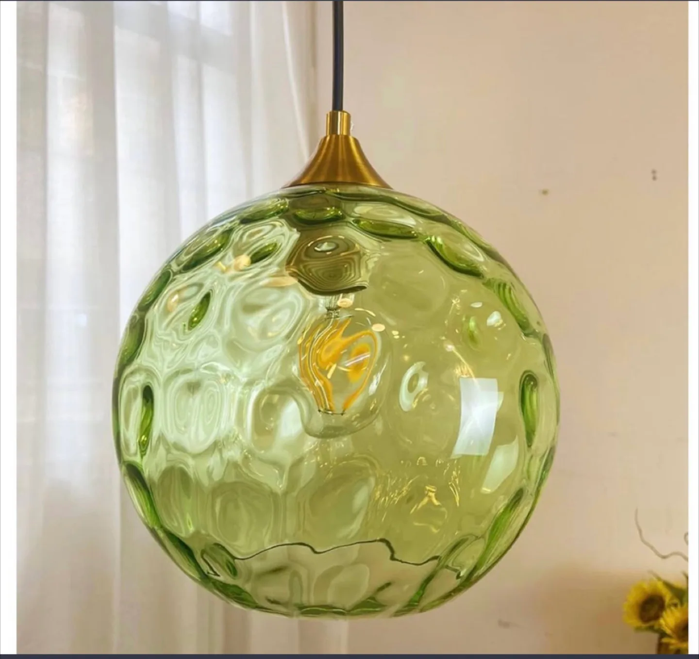 Set of 2 - Green Ripple Glass Globe Pendant Light Fixture image indicator(2)