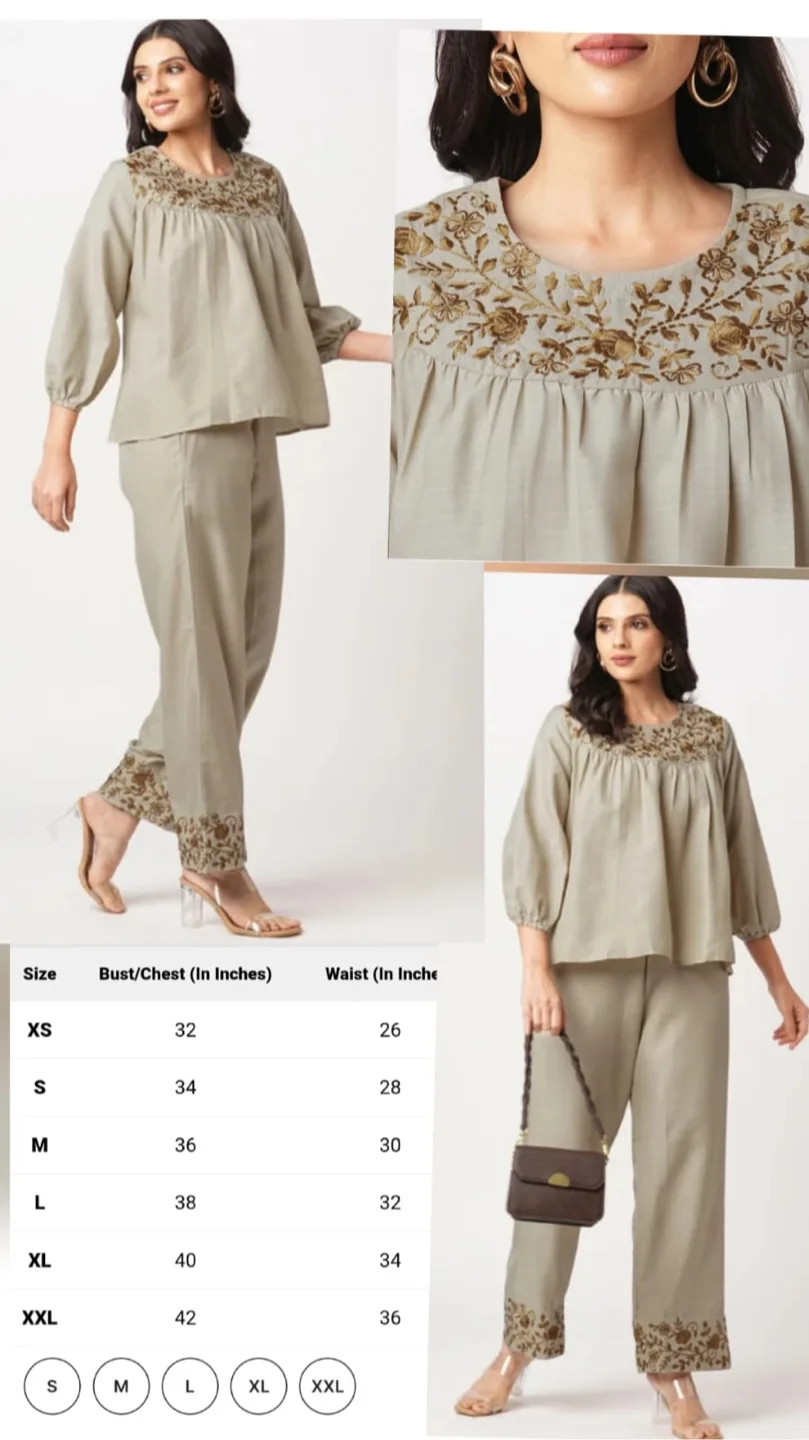 Beige Embroidered Top and Pant Set thumbnail