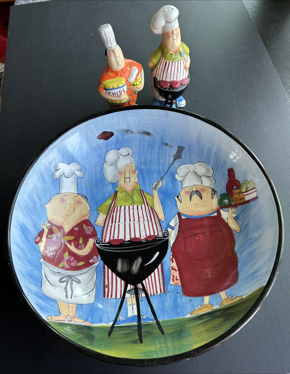 Chef salt and pepper shakers and serving bowl